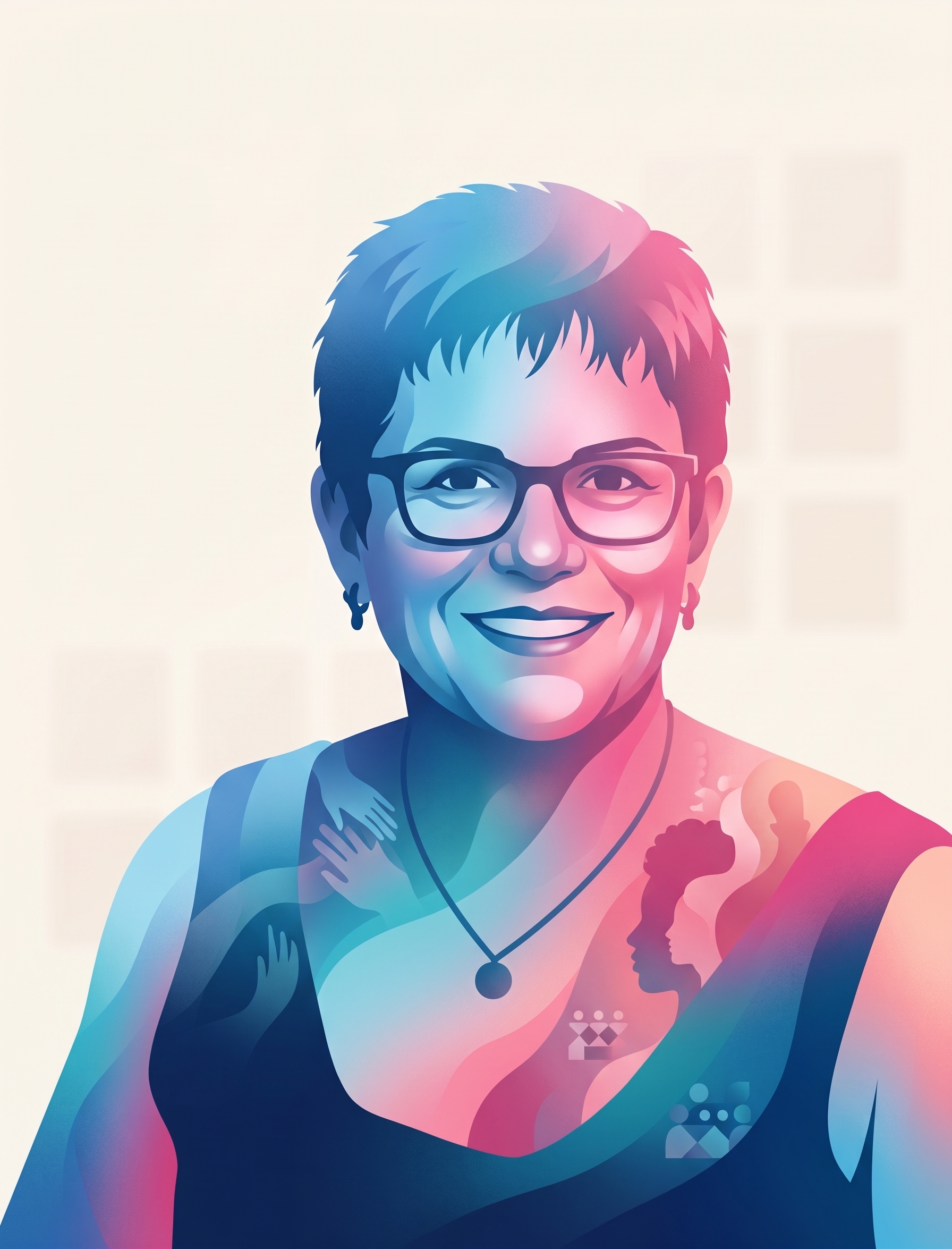 Ilustração representando o perfil da Profa. Clélia Ignatius Nogueira, com cores, sobras e símbolos que princípios inclusivos